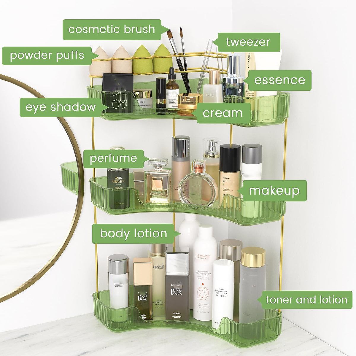3-Tier Corner Makeup Organizer for Vanity and Bathroom Countertop