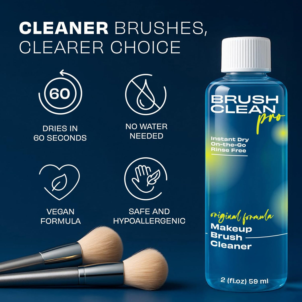 Makeup Brush Cleaner Rinse-Free Waterproof 2oz - Quick Dry Professional Formula