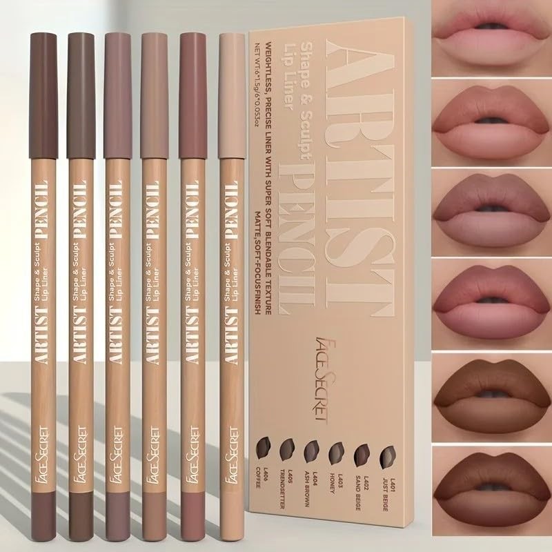 Waterproof Nude Brown Lip Liner Set - 6 Shades, Smudge-Proof & Long-Lasting
