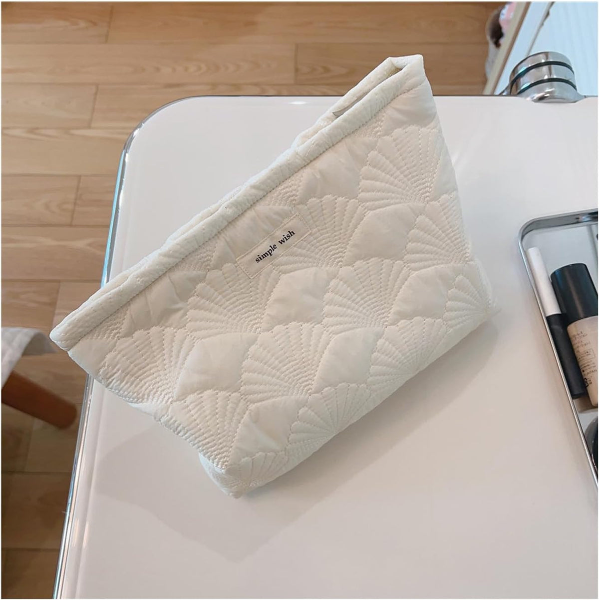 White Quilted Cotton Makeup Pouch – Coquette Travel Toiletry Bag for Women