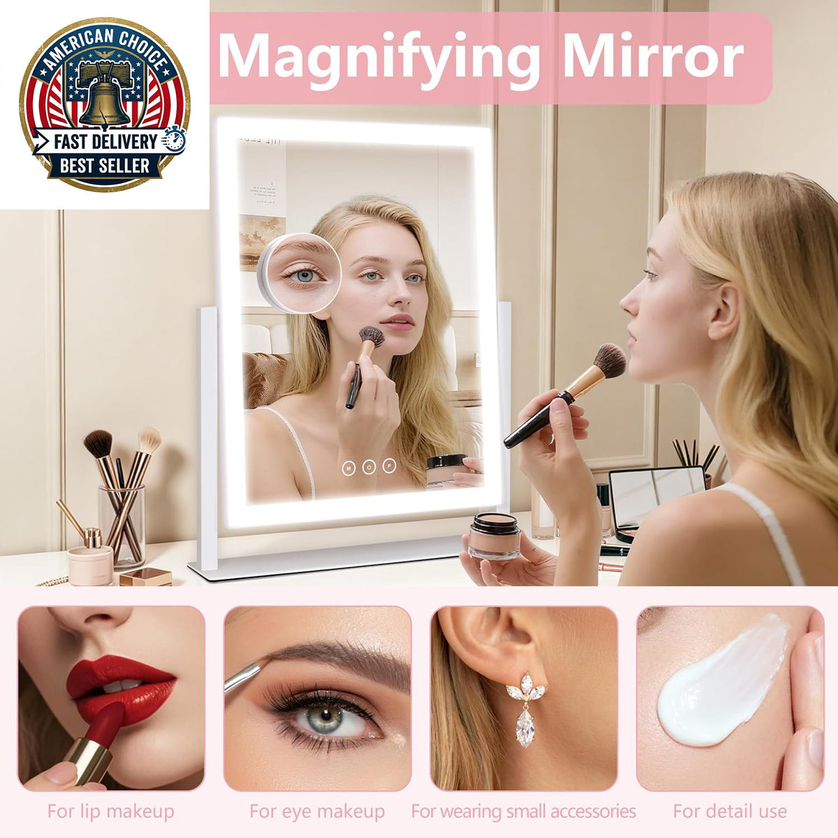 Lighted Vanity Mirror with 3 Color LED Lights, 16.7 x 13.2 Inch, 360° Rotation, Touch Control
