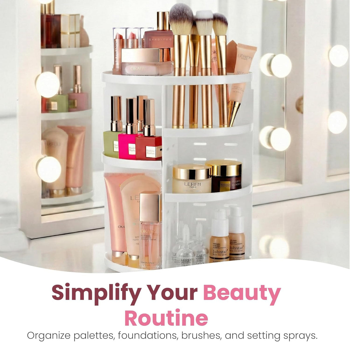 Rotating Makeup Organizer with Adjustable Shelves & 360 Degree Spin