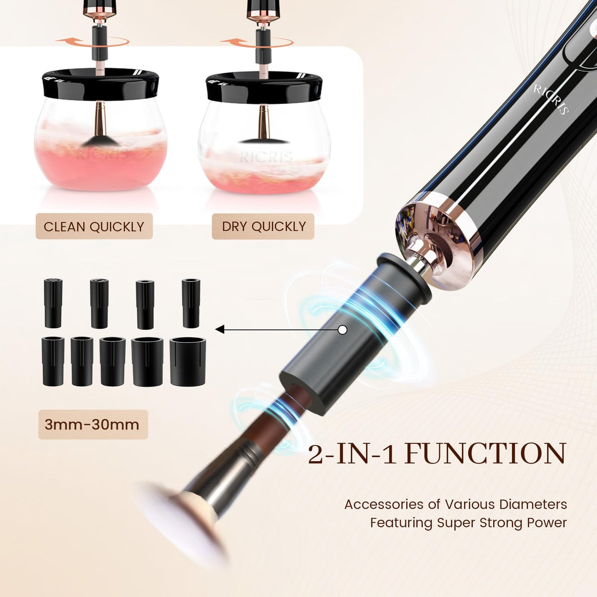 Electric Makeup Brush Cleaner and Dryer - Fast 30-Second Spin, Black