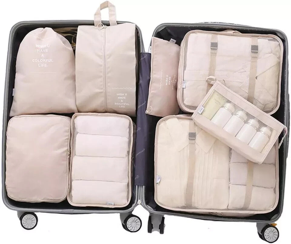 Travel Packing Cubes Set 8 Pieces with Toiletry & Shoe Bags - Beige