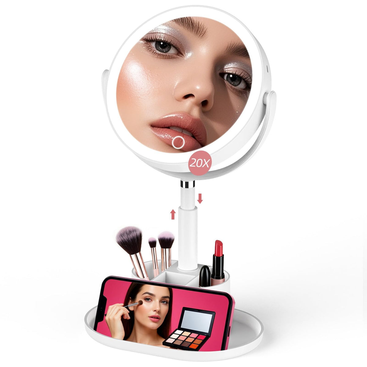 20X Magnifying Makeup Mirror with Lights and Storage - White