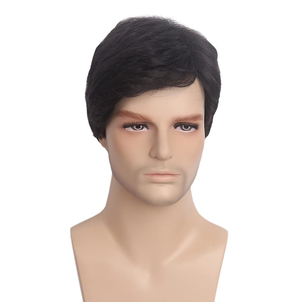 Men's Short Black Wavy Synthetic Wig for Daily & Cosplay Use