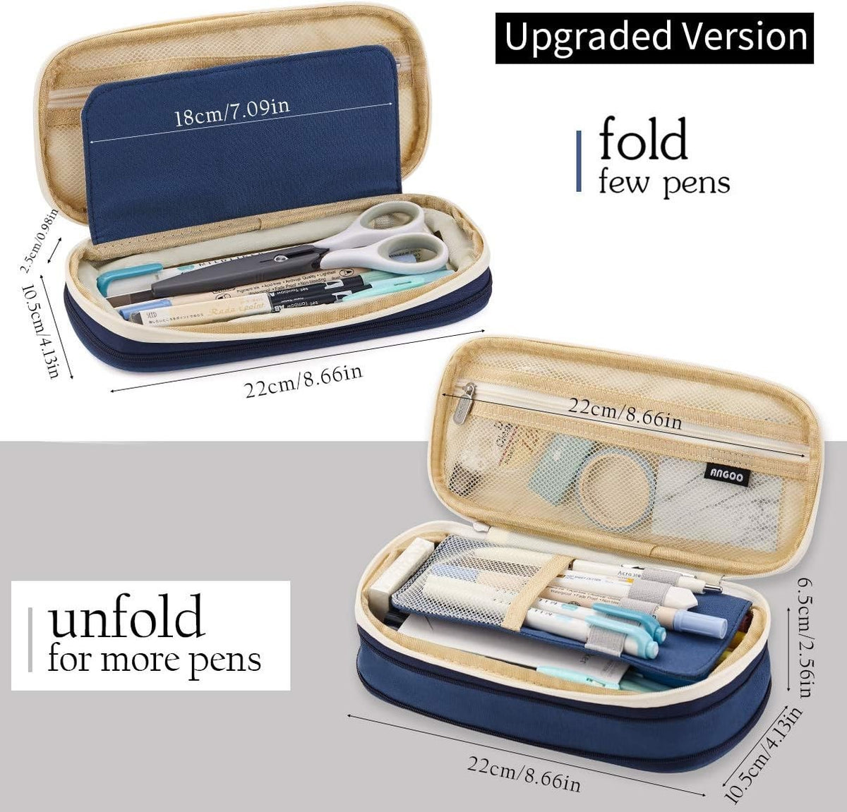 Multi-Function Blue Pen Case with 3 Compartments Travel Organizer