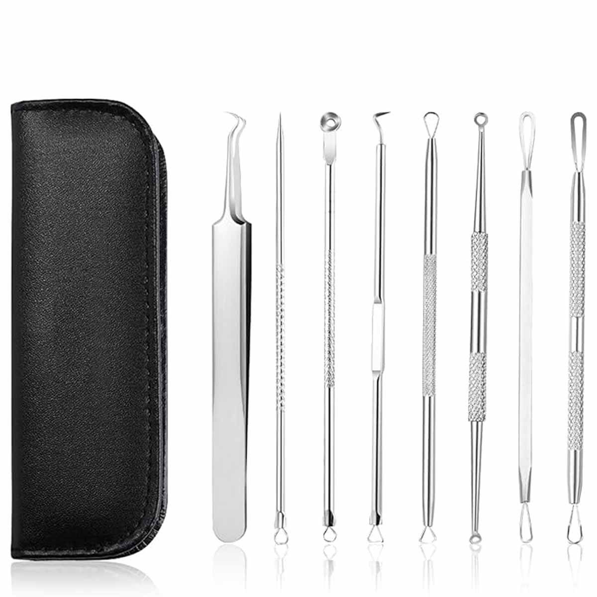 Blackhead Removal Tool Set - 9-Piece Acne Pimple Extractor Kit with Leather Case