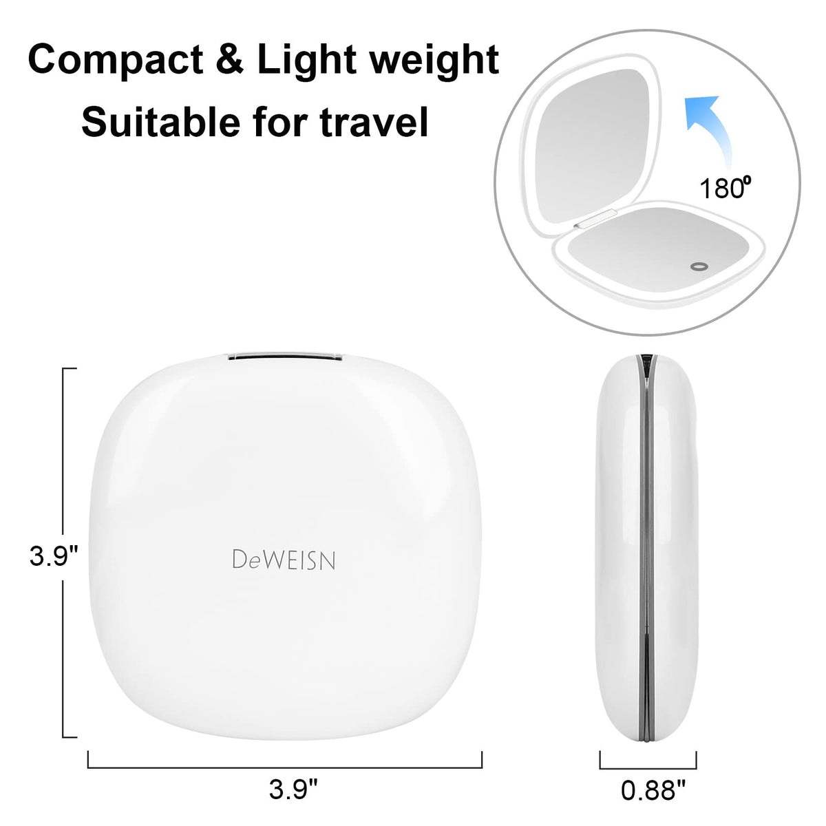 Rechargeable Lighted Compact Makeup Mirror with 1X/10X Magnification and Dimmable LED Lights
