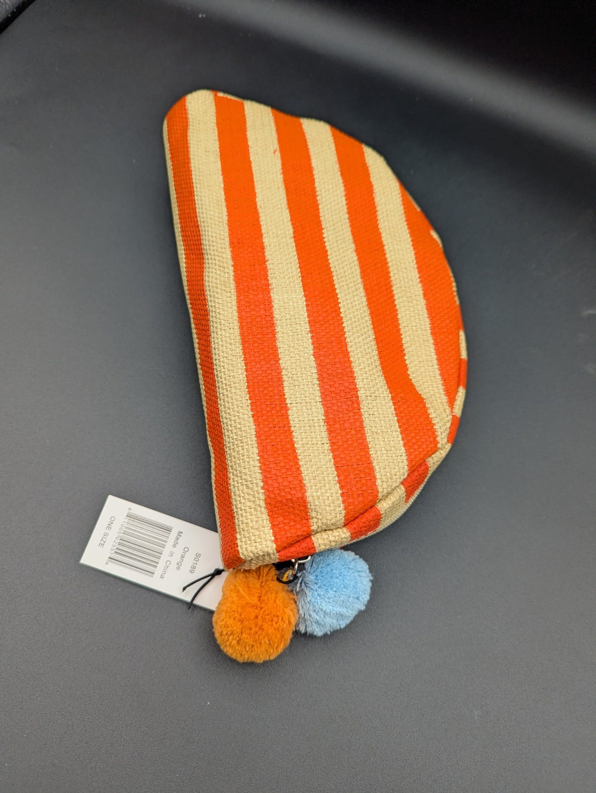 Luxury Cosmetic Bag with Pom Pom Orange Stripe Travel Makeup Purse