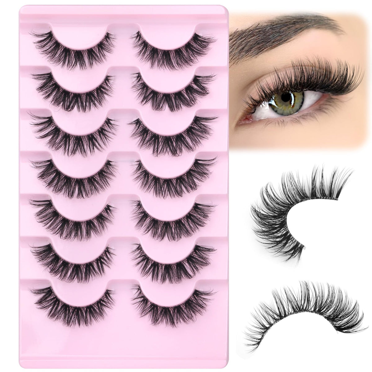 False Eyelashes Wispy Cat Eye Lashes 7 Pairs with Clear Band for Natural Look