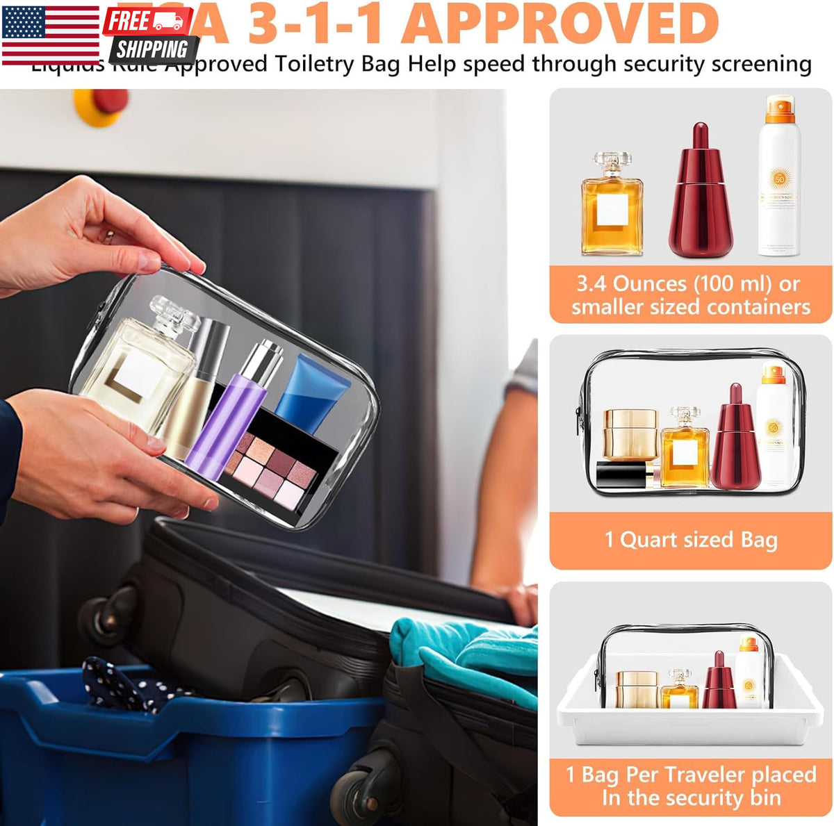 Clear Travel Makeup Bag - TSA Approved PVC Cosmetic Organizer - Multi-Size