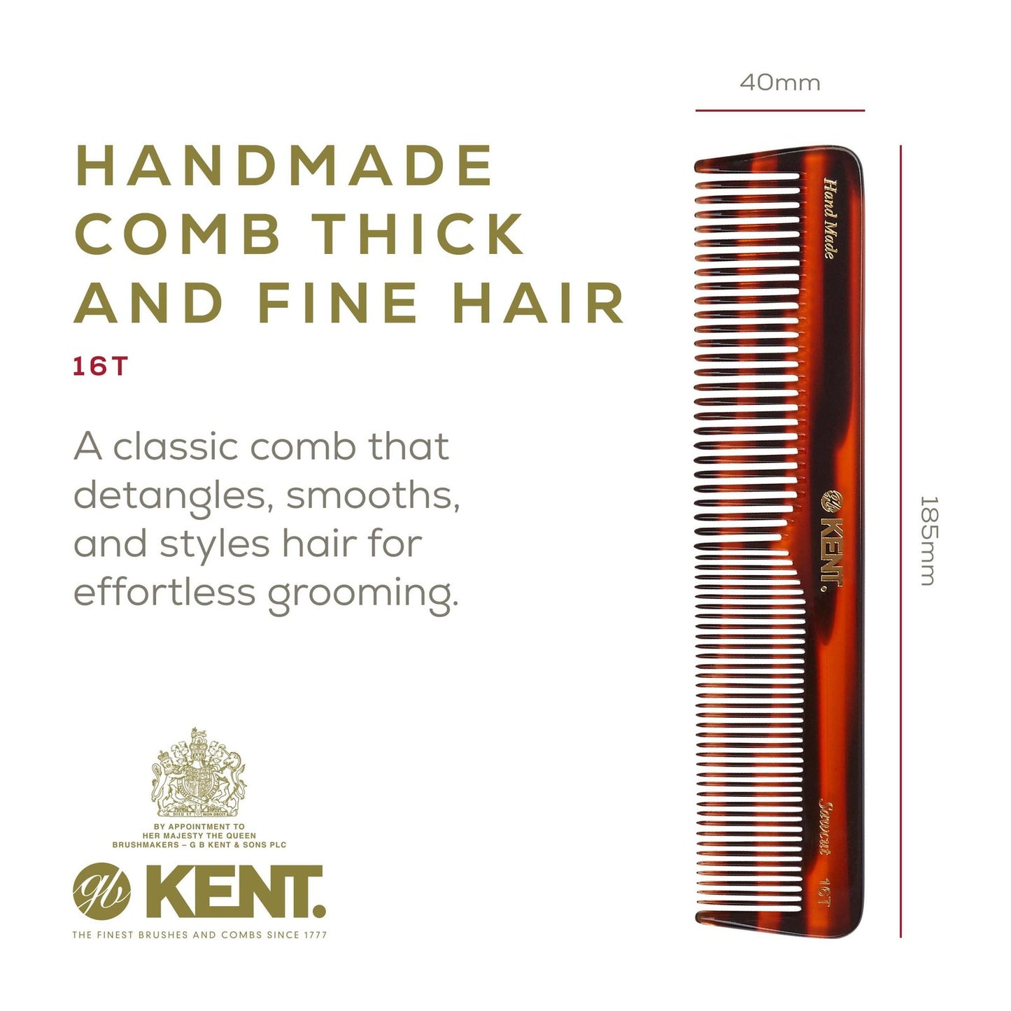 Kent Tortoise Comb Set - Fine Tooth & Wide Comb for Hair Care, Tortoiseshell