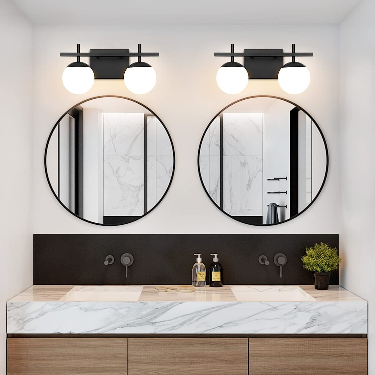 Modern Black Bathroom Vanity Light Fixture with White Frosted Glass - 2 Light