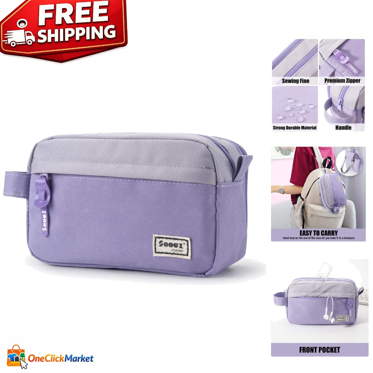 Large Pencil Case with Handle & Compartments for Students - Organizer Bag