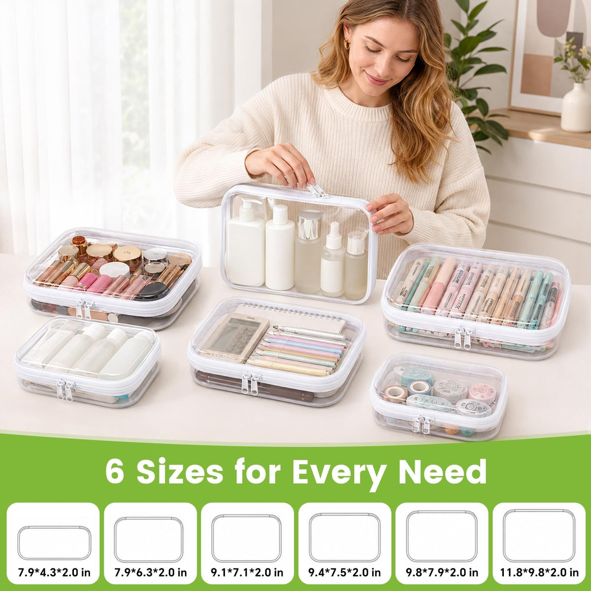 Clear Hard Shell Zipper Cases Set - Multi-Size Travel & Organizer Pouches