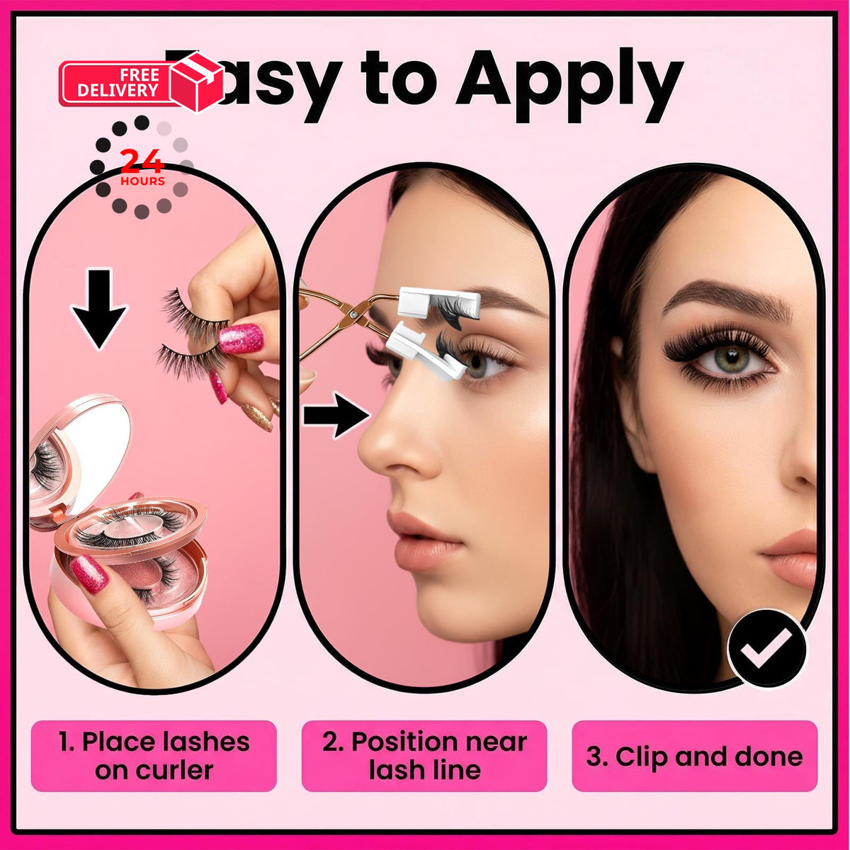 Magnetic Reusable False Eyelashes with Applicator & Case - Pink, 2 Pairs
