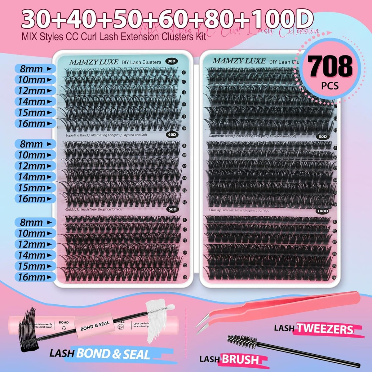 708Pcs Lash Clusters Kit - 30D/40D/50D/60D Faux Mink Eyelash Extensions