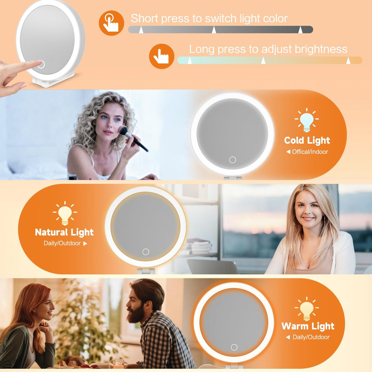 Travel Lighted Makeup Mirror with 10X Magnification and 3 Color LED Lights - Portable 4-in-1 Design