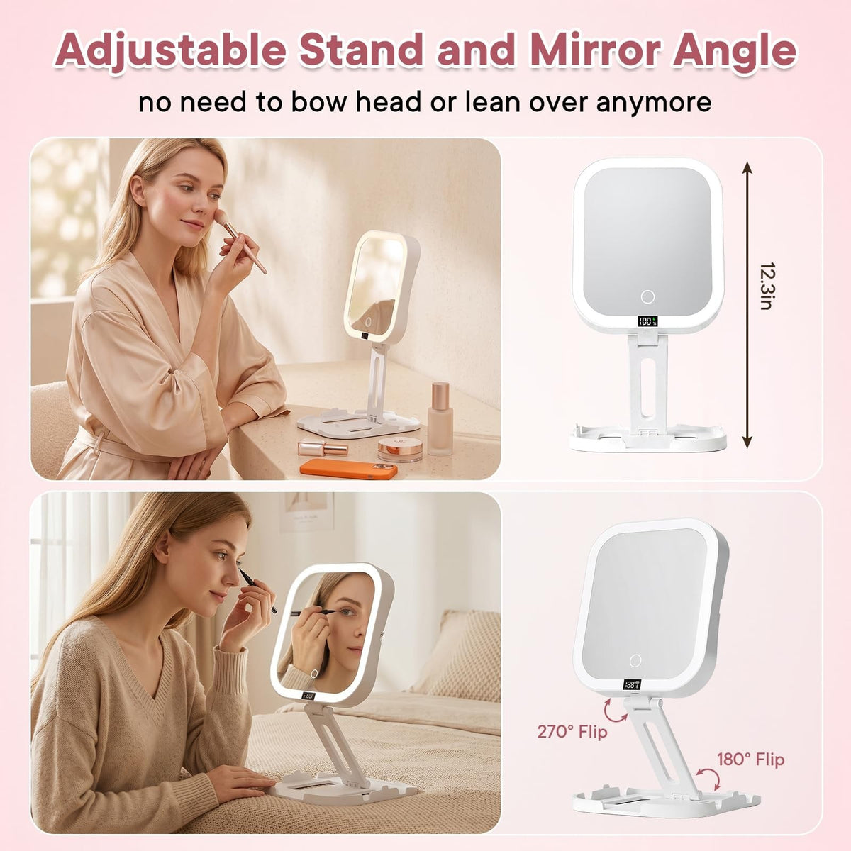 Travel Makeup Mirror with Lights, 10X & 1X Magnification, Dimmable LED, Foldable & Portable