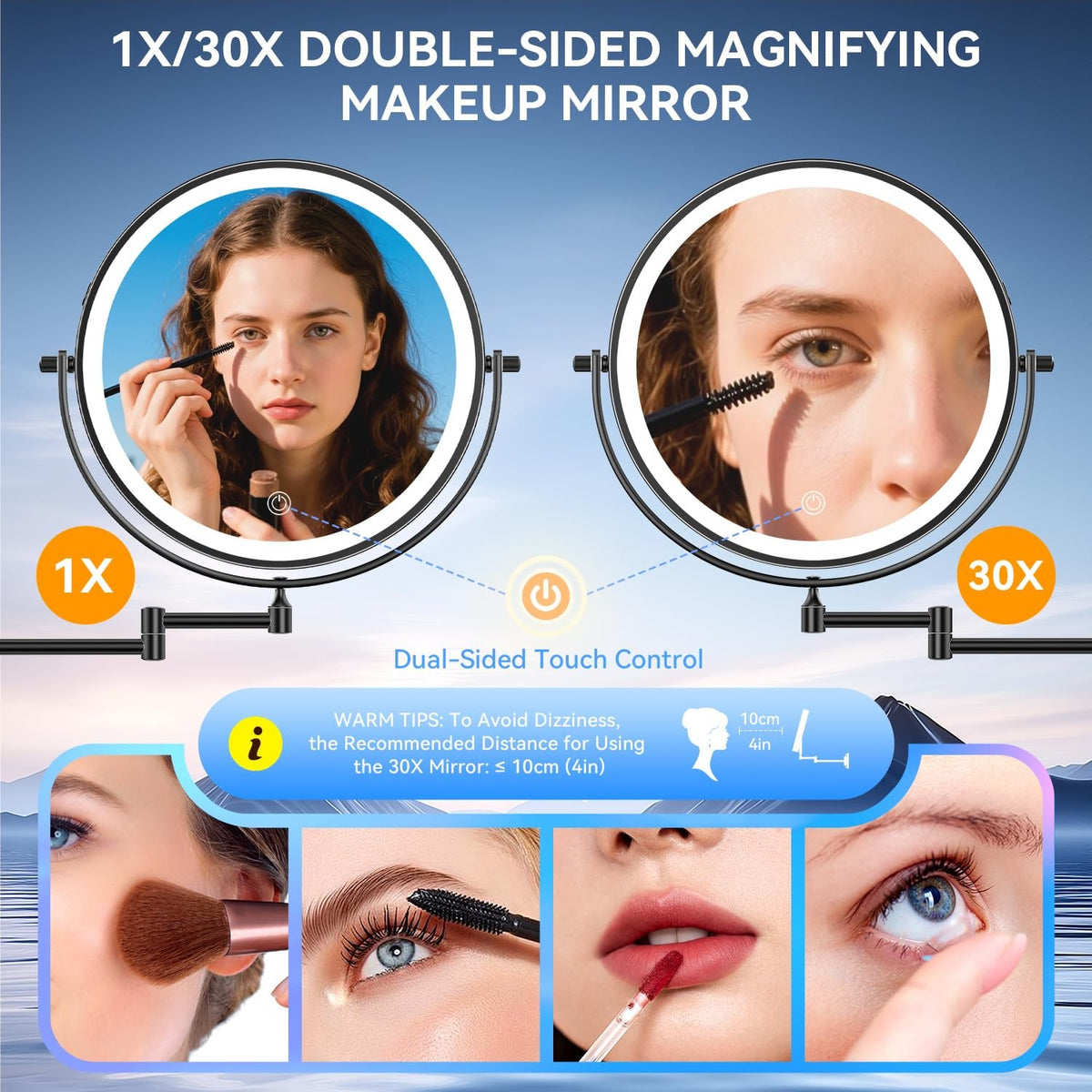 10 Inch Wall Mounted Lighted Makeup Mirror with 30X Magnification and LED Lighting