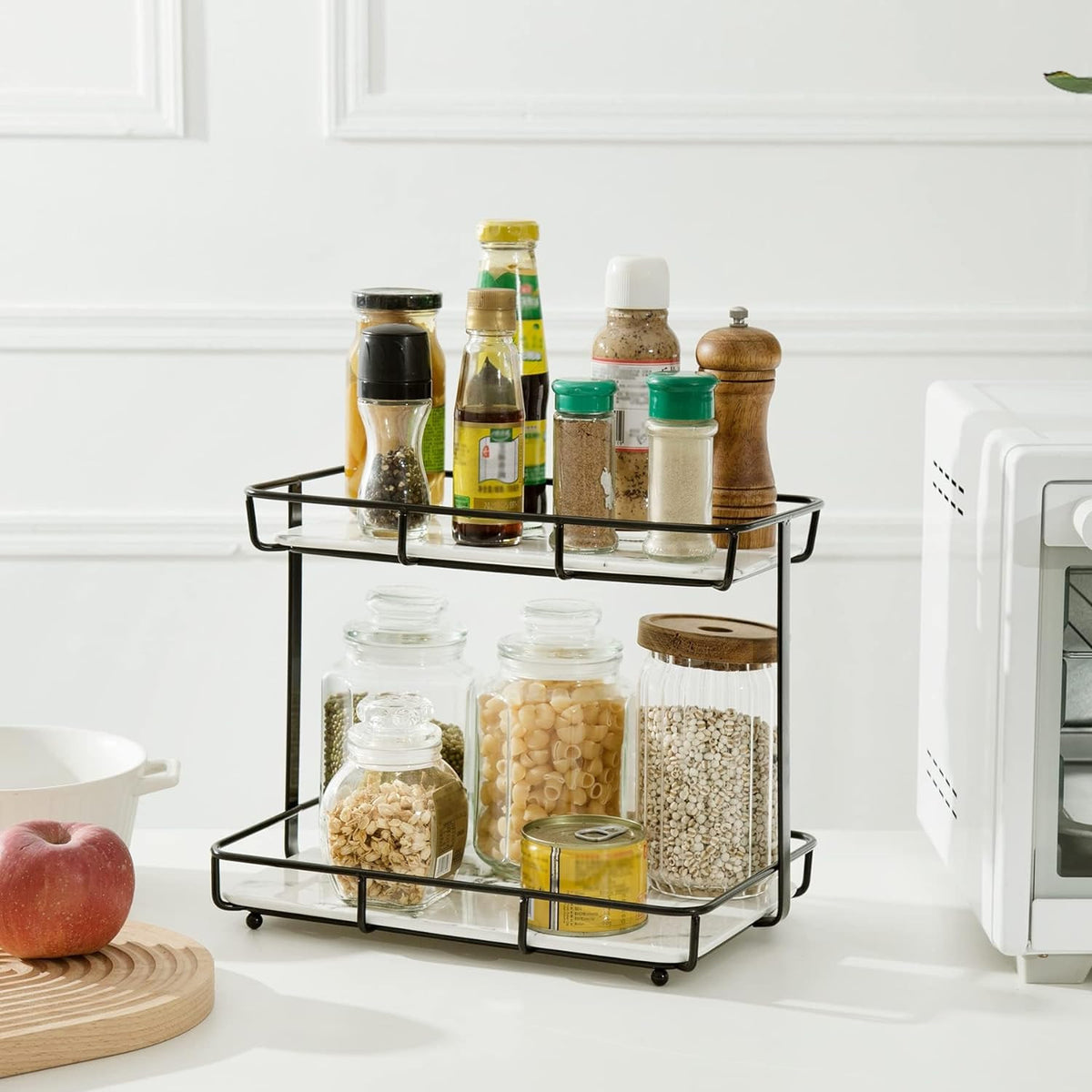 2-Tier Marble Finish Cosmetic Display Shelf with Ceramic Trays