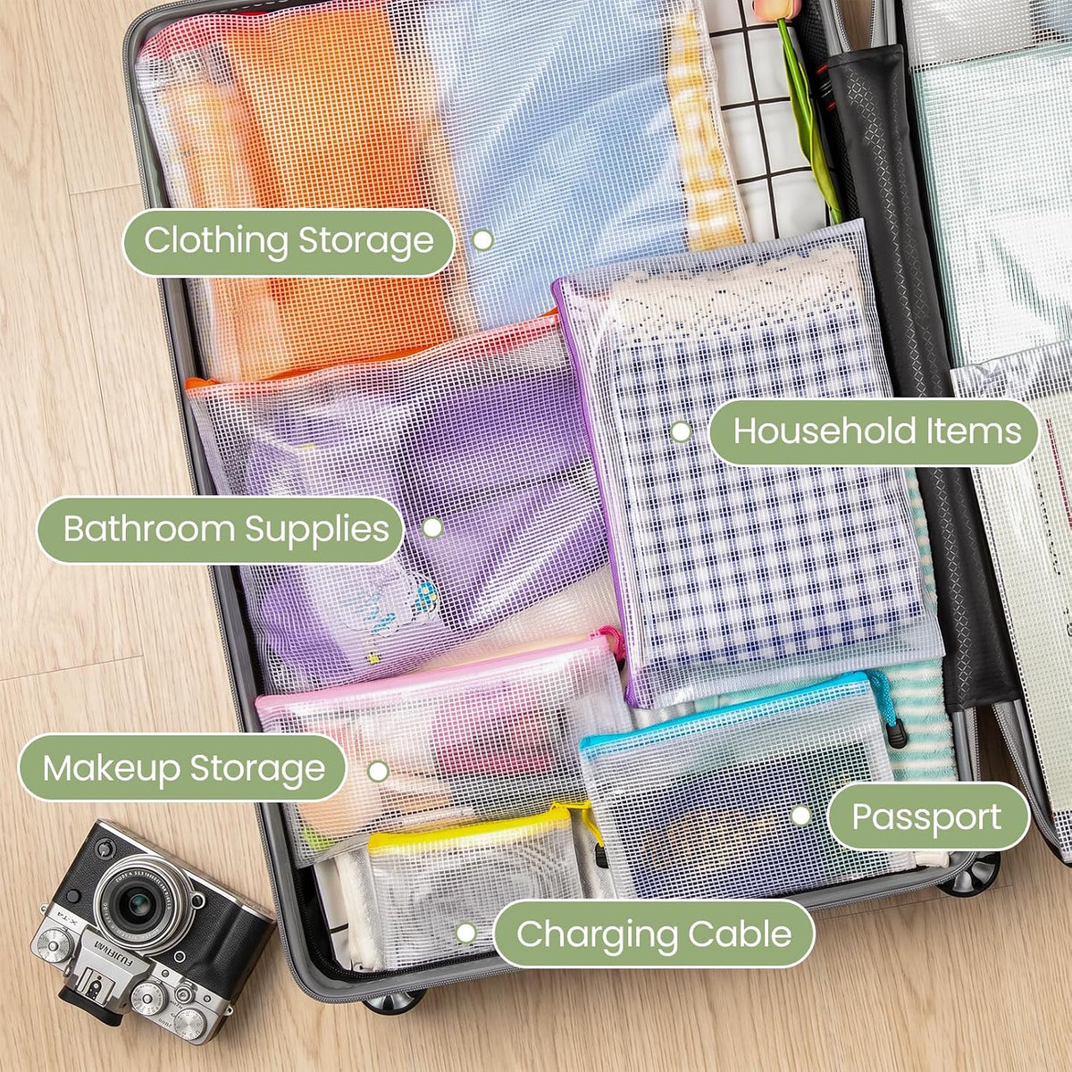 Mesh Zipper Pouch Bags Set - 8 Sizes, Multicolor Plastic Storage Bags