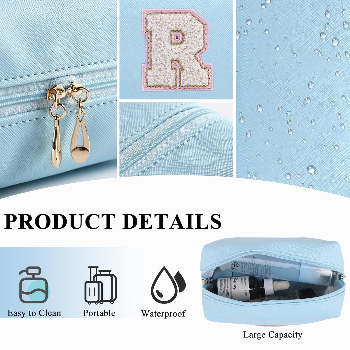 Personalized Preppy Patch Makeup Bag - Waterproof PU, Azure-Pink