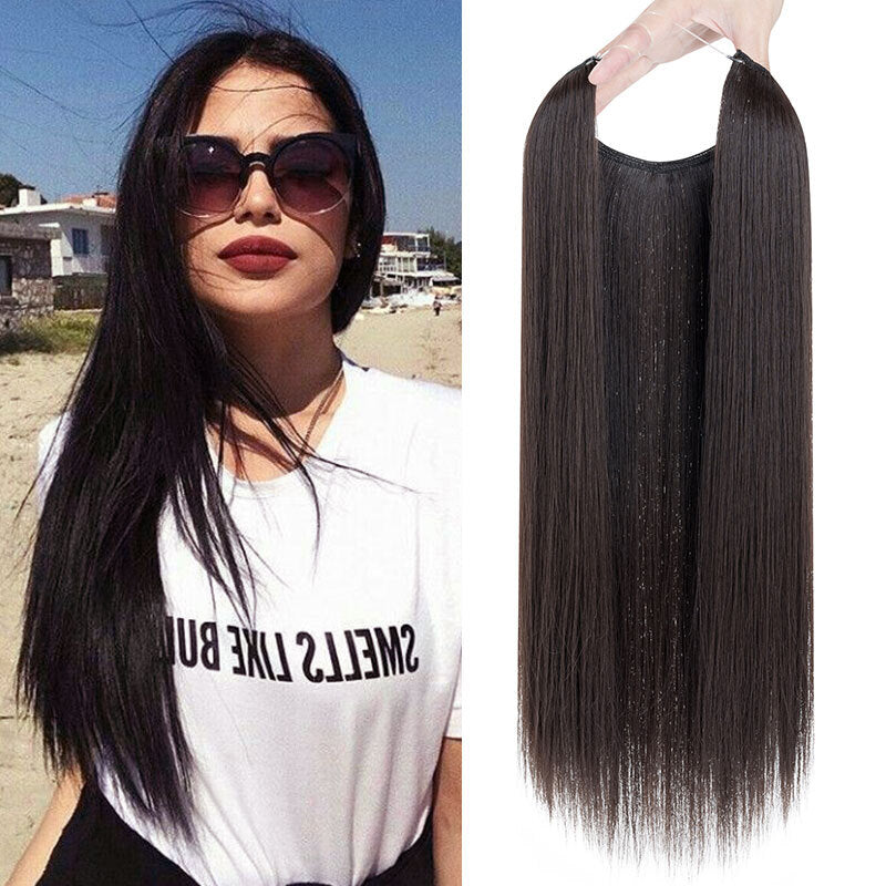 Invisible Wire Hair Extensions - Natural Synthetic Length & Body Wavy or Straight