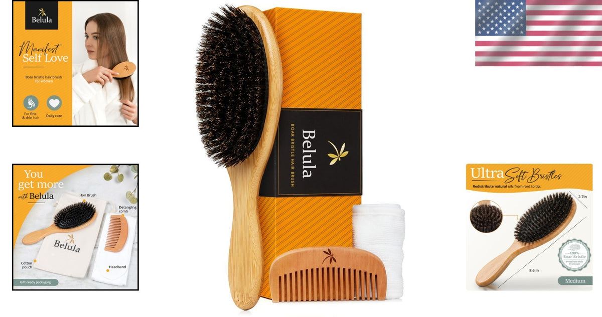 Boar Bristle Hair Brush Set for Fine Hair with Comb & Headband - Natural Shine & Frizz Control