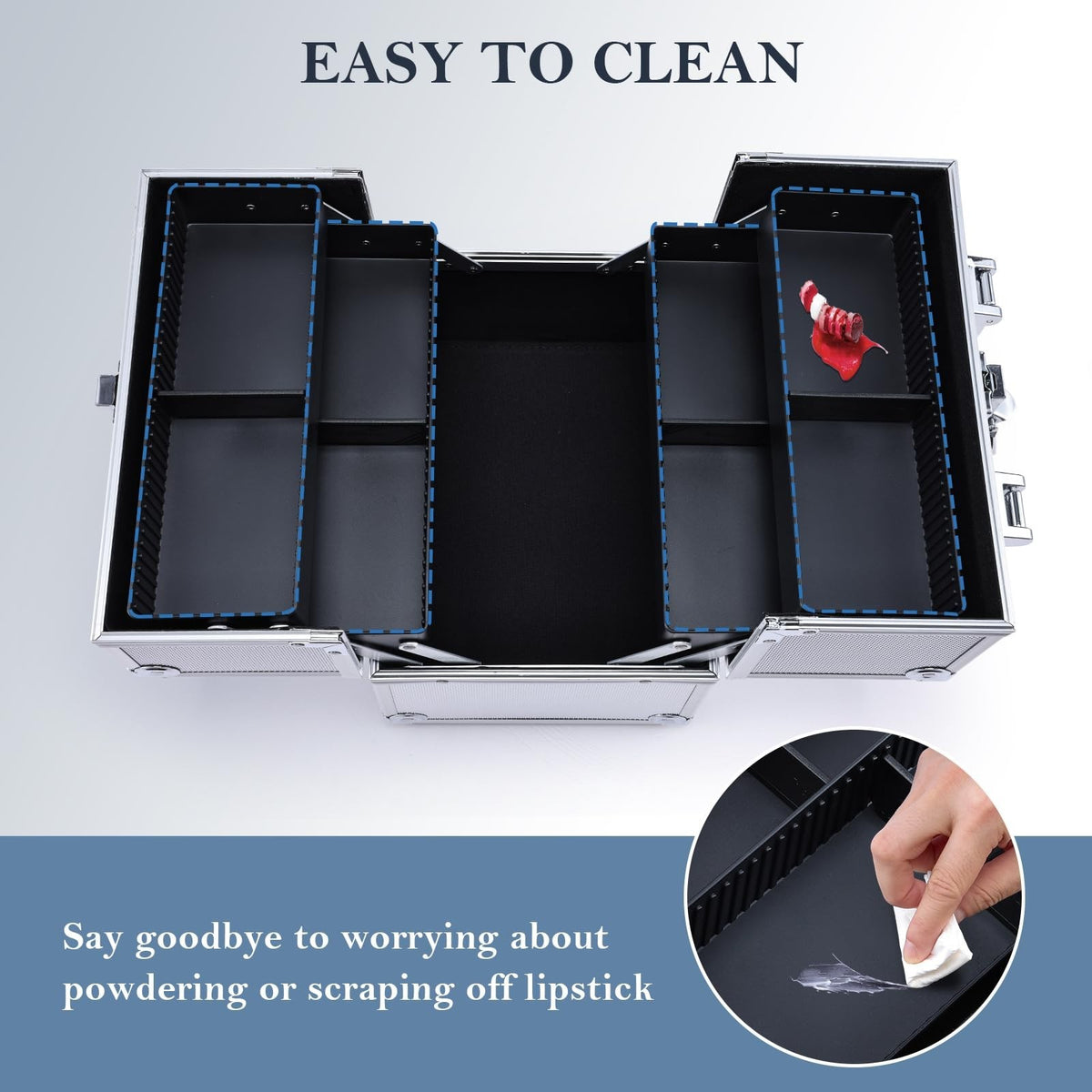 Portable Makeup Organizer Case with Lock, 4-Tier Trays, Silver Travel Storage