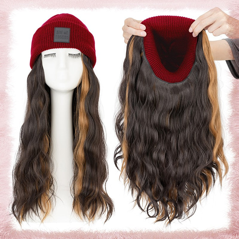 Women Knitted Wavy Wig Winter Beanie Hat - Long Curly Synthetic Hair