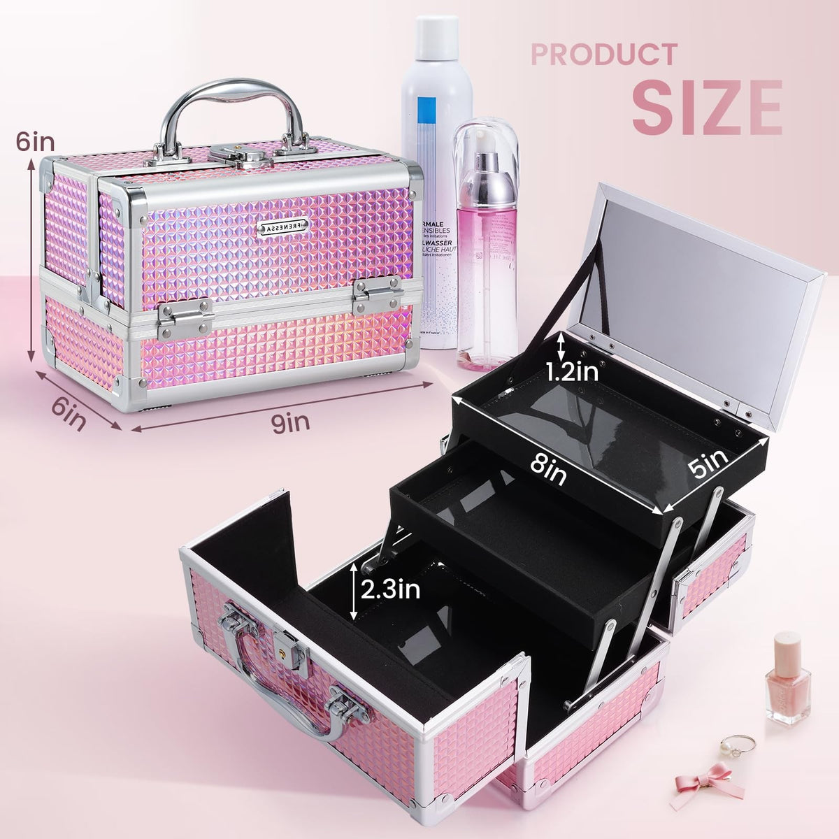 Pink Makeup Train Case with Mirror Portable Organizer Locking Hard Box
