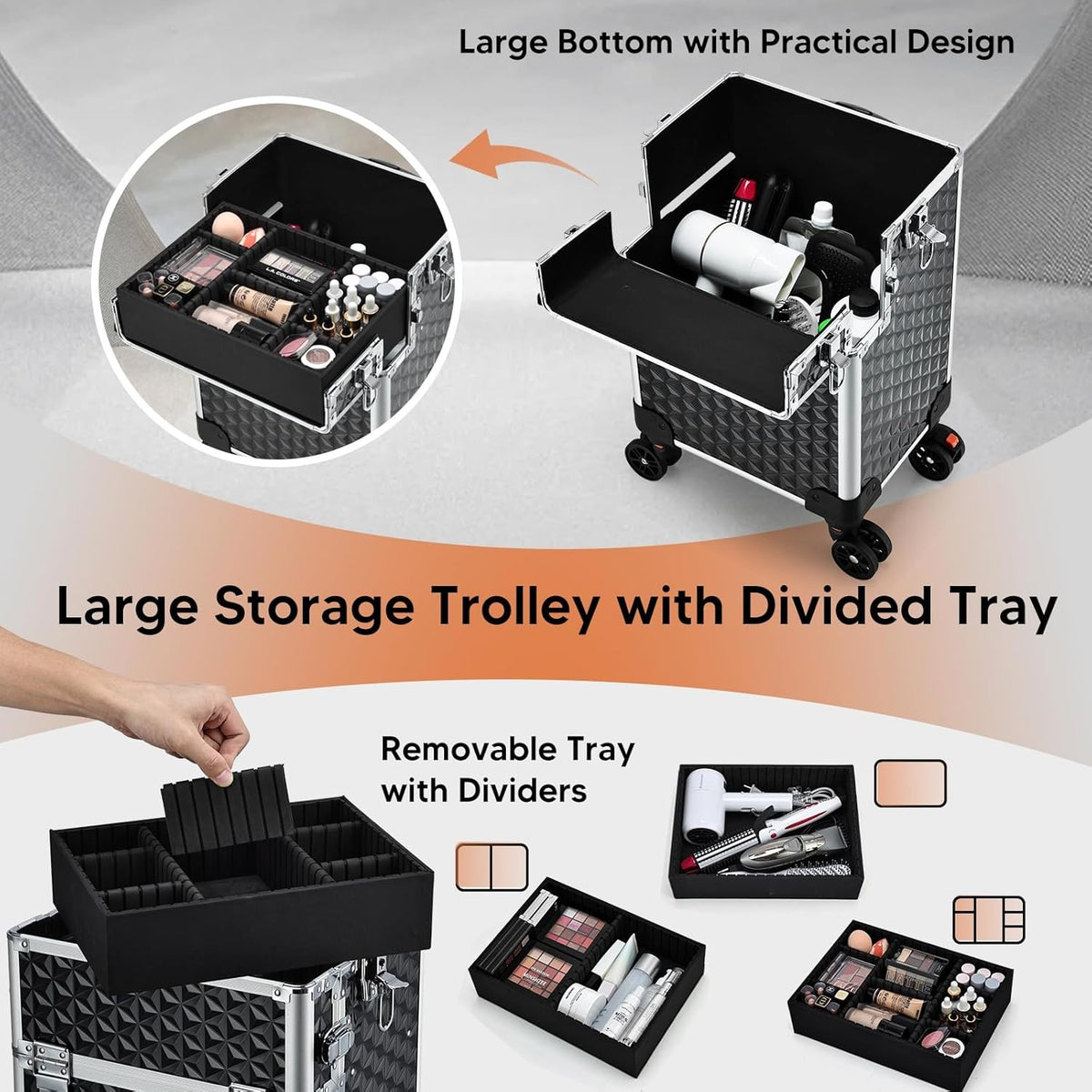 3-in-1 Portable Rolling Makeup Case with Detachable Compartments & Lockable Storage