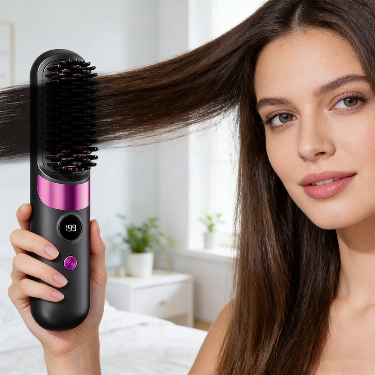 Rechargeable Black Ceramic Hair Straightener Brush Portable Styling Tool