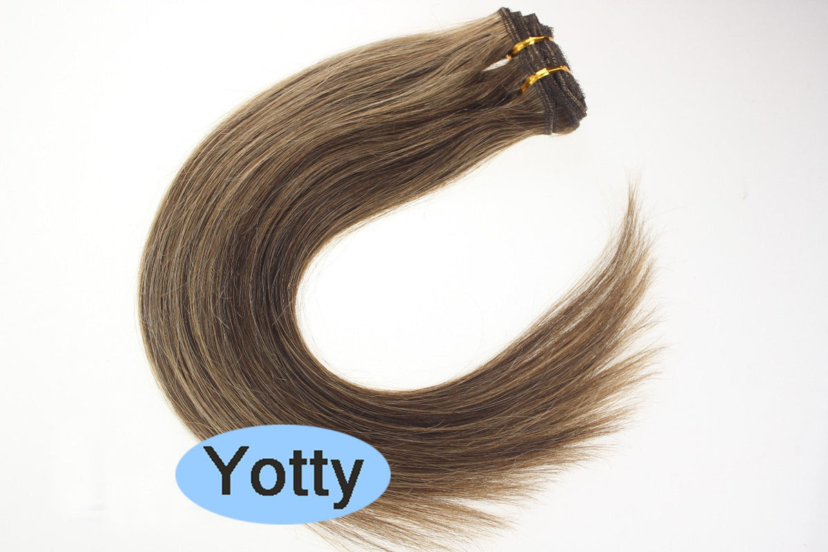 Remy Human Hair Extensions Clip-In Set – Medium Brown Mix Dark Blonde 26 Inch, 8 Pieces, Shedding-Free, Natural Look