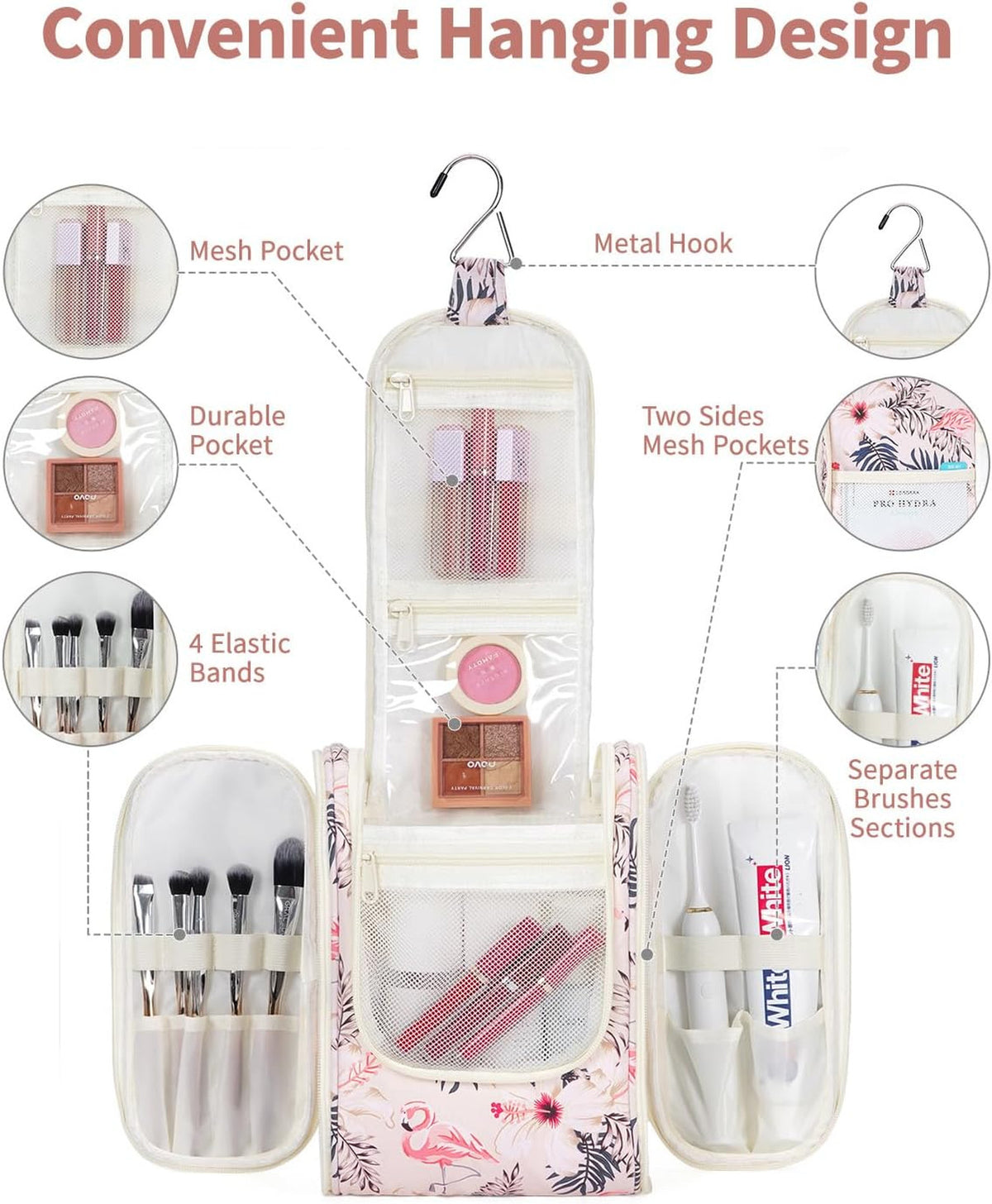 Travel Toiletry Bag Women Small Organizer with Hook Beige Bird Medium