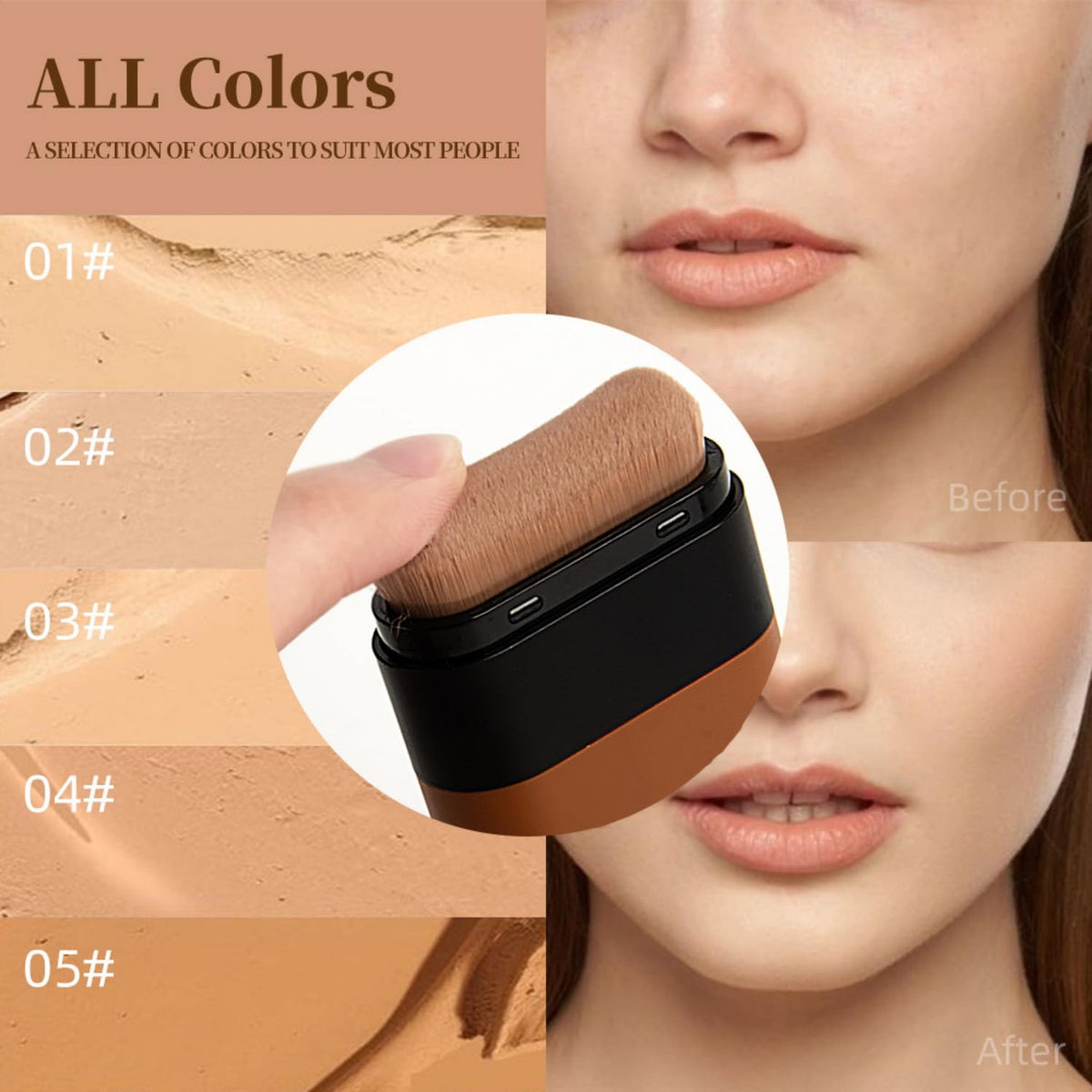 Hydrating Face Foundation Stick with Built-In Brush - Full Coverage, Lightweight, Waterproof, 0.7oz