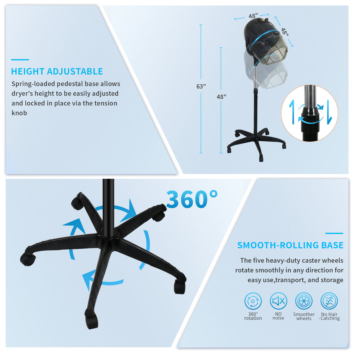 1300W Adjustable Hooded Hair Dryer Salon Equipment with Swivel Casters