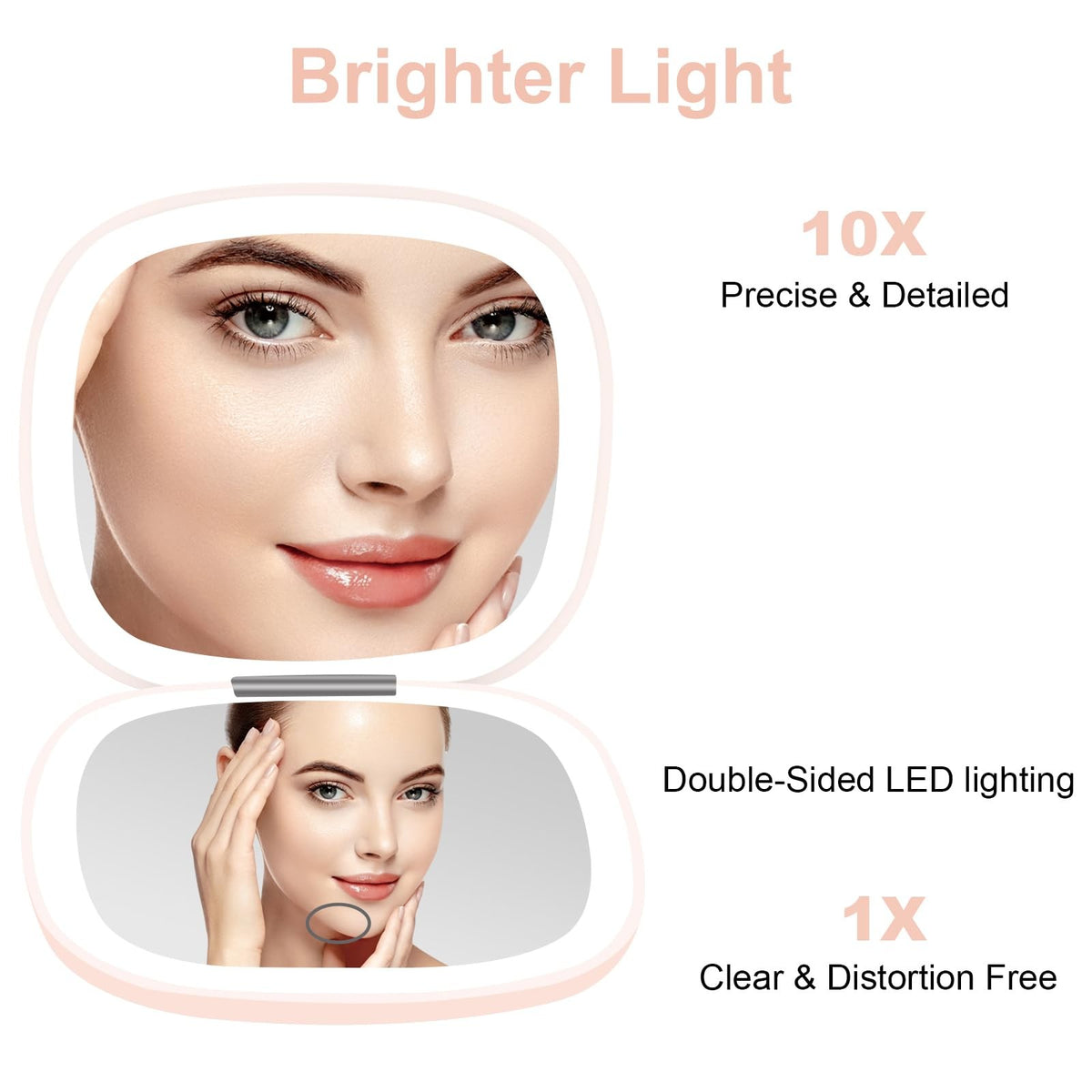 Lighted Travel Makeup Mirror with 1X/10X Magnification, Dimmable Double-Sided Pink
