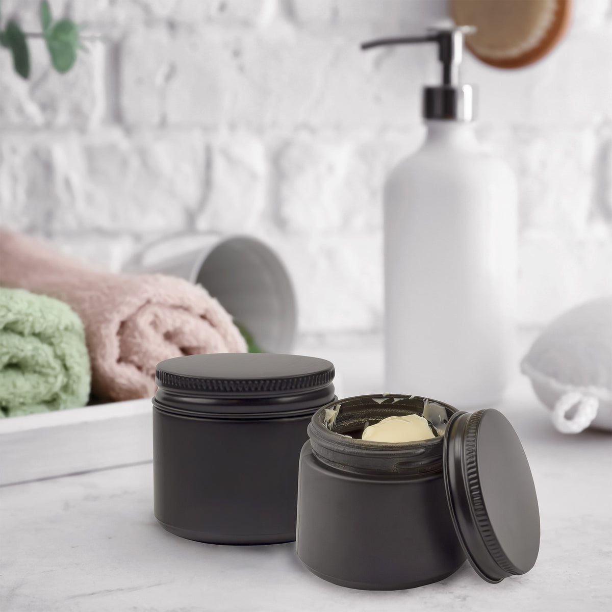 2oz Black Coated Glass Jars with Black Metal Lids - Cosmetic & Spice Containers, 12-Pack