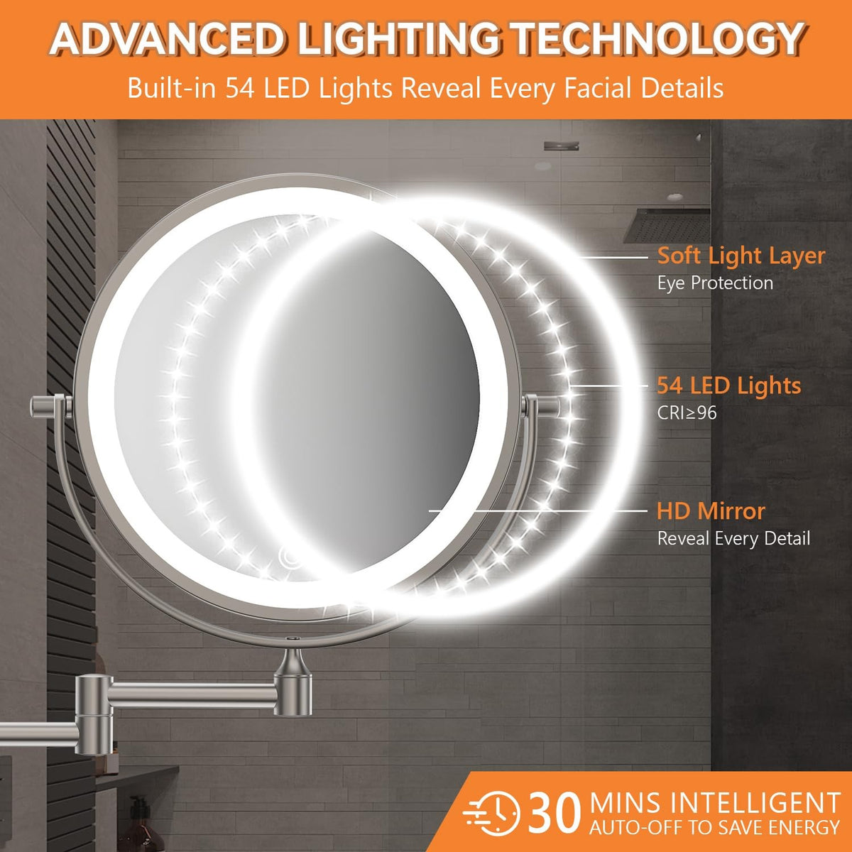 Wall Mounted Lighted Makeup Mirror 8In 1X/20X Magnification Rechargeable 3200mAh