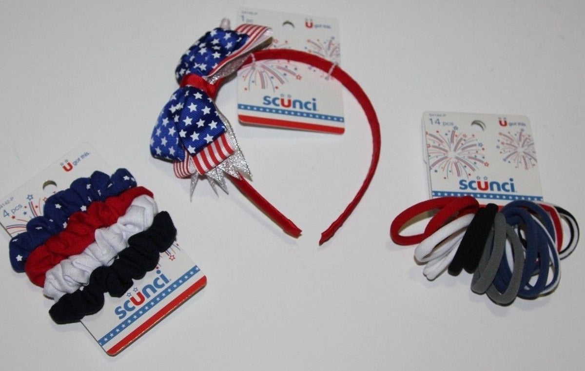LOT (3) SCUNCI HEADBAND PONYTAIL RED WHITE BLUE FLAG PATRIOTIC HAIR
