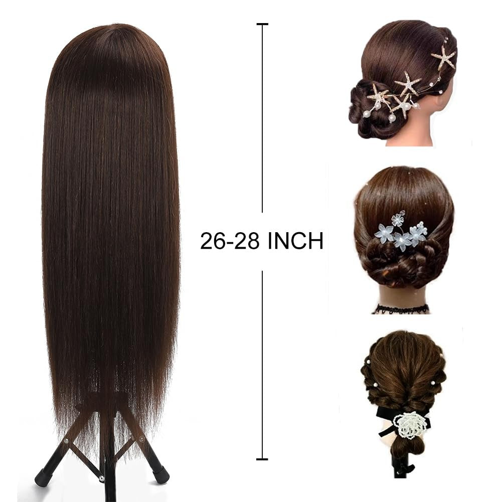 80% Human Hair Mannequin Head 26-28 Inch Dark Brown Cosmetology Doll