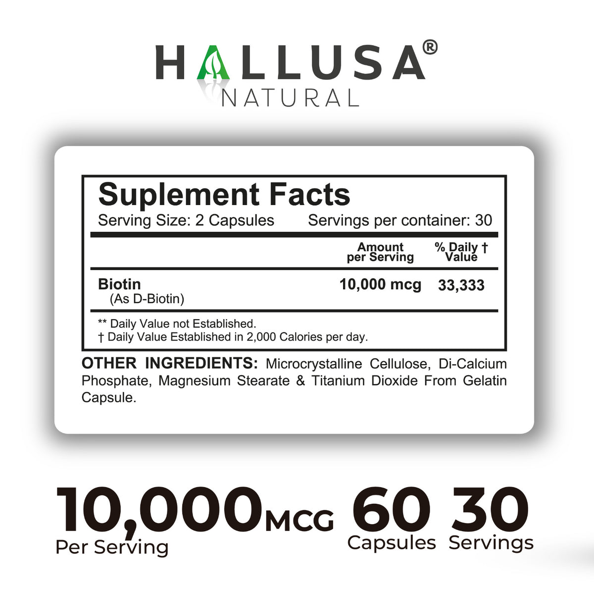 High Potency Biotin 10,000 mcg for Hair Growth Nails Skin Support - 60 Capsules