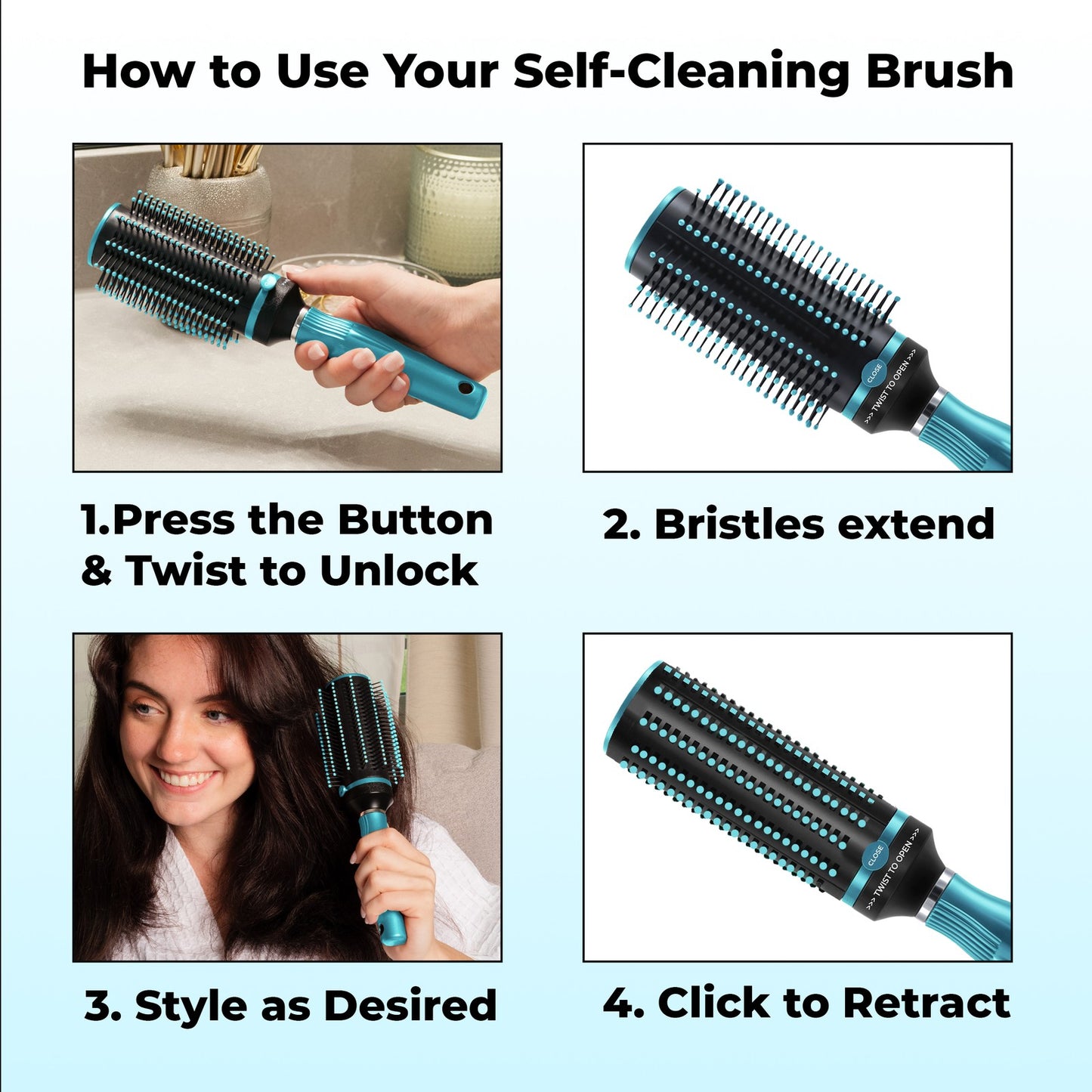 Self-Cleaning Retractable Hair Brush for Women - Blue