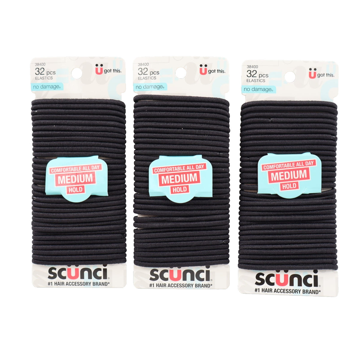 3 PACK Scunci No Damage Medium-Hold Elastic Hair Bands 32 Count Each