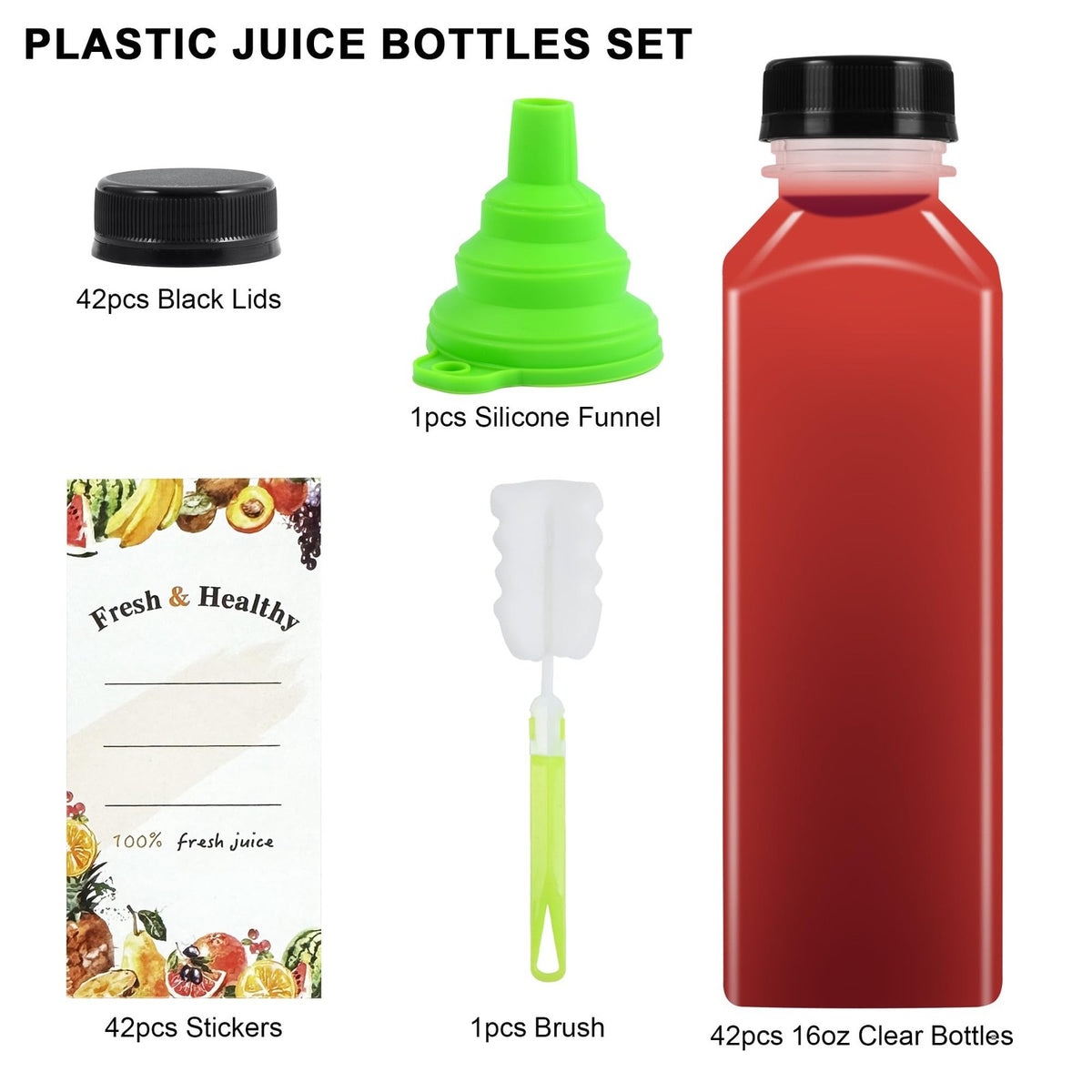 36 Pack 16 oz Reusable Plastic Juice Bottles with Airtight Lids