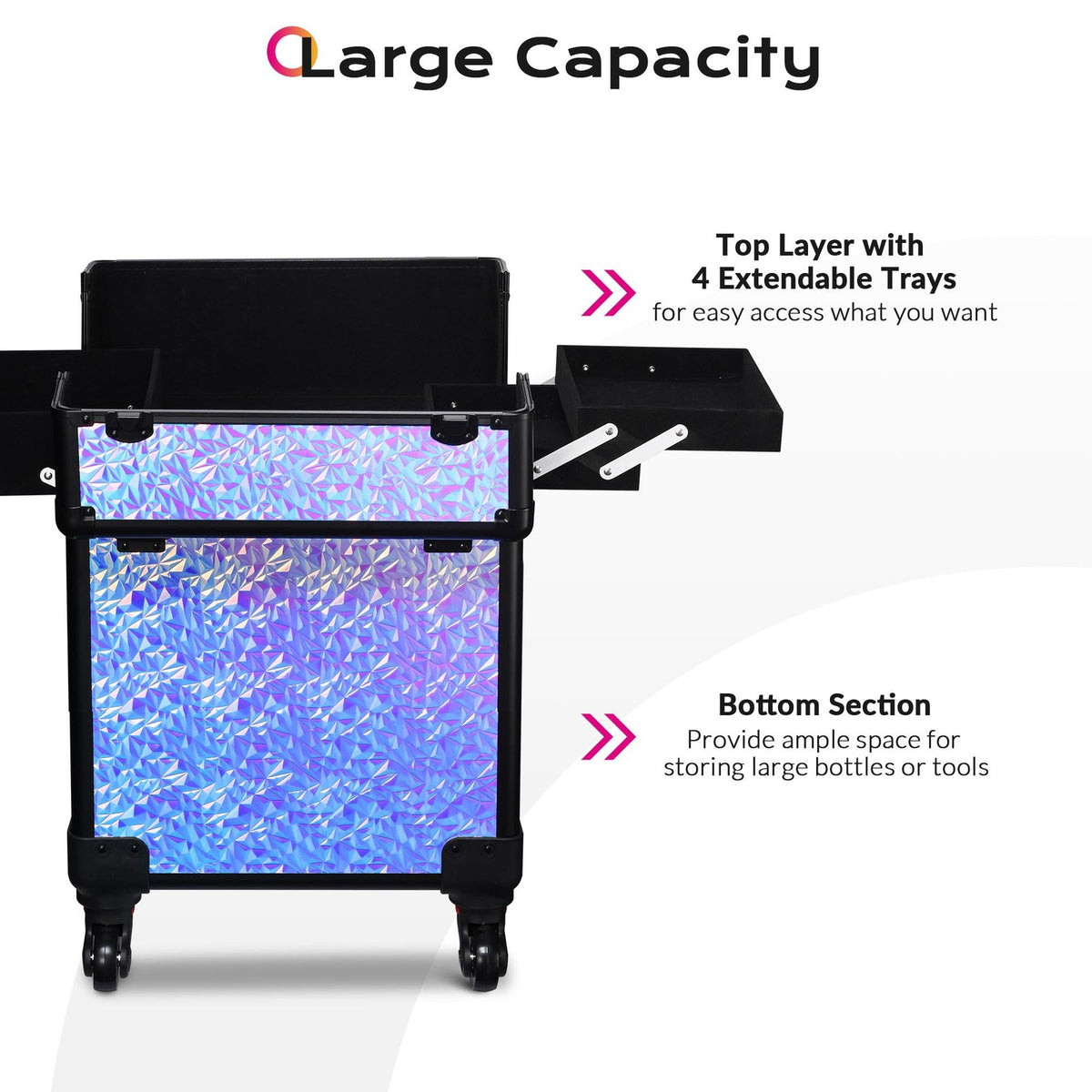 Rolling Makeup Train Case with Extendable Trays - Aluminum Cosmetic Organizer