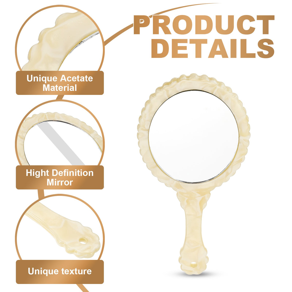 Oval Handheld Mirror - Portable Retro Chic Compact Makeup Mirror - Beige